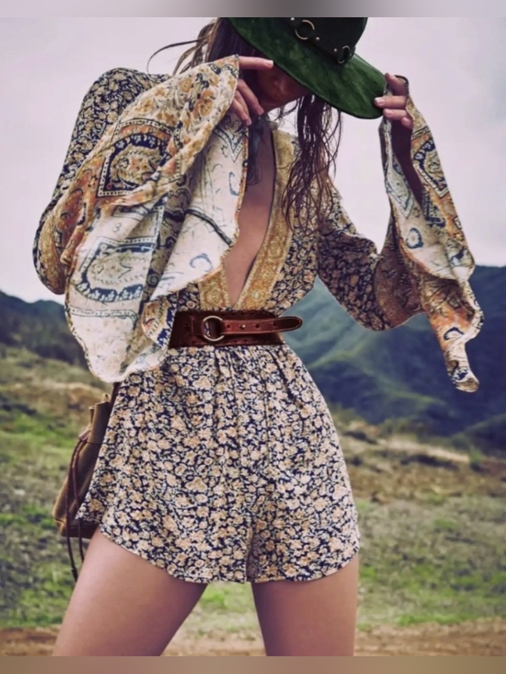 FREE PEOPLE Floral Romper One Upon a Summertime One Piece Bell Sleeves